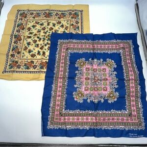 Vintage Paris Accessories Vibrant Cream/Tan and Blue Floral Lot of 2 Bandana Set
